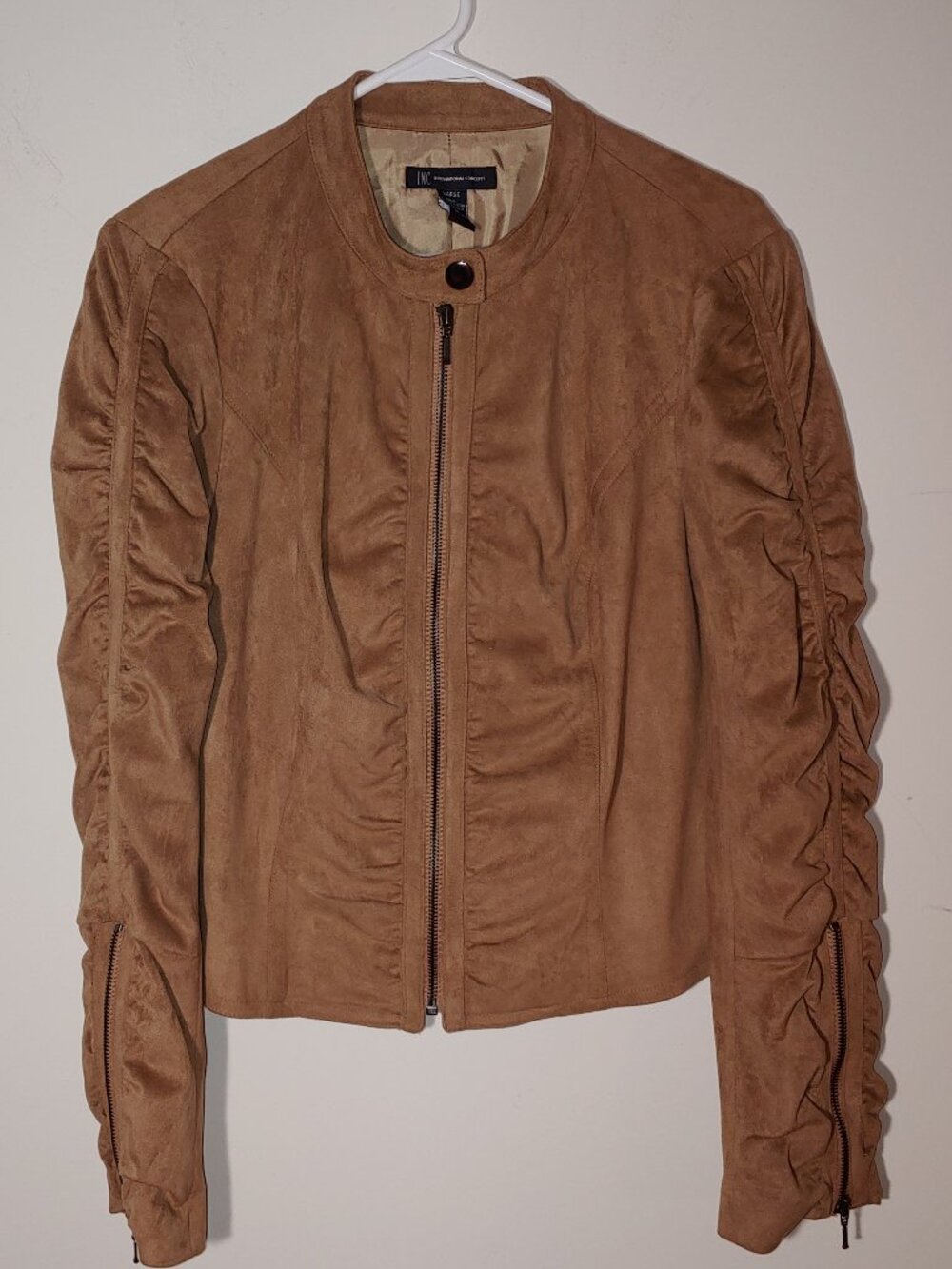 INC Ruched Long Sleeves zip detail Cropped Jacket Blazer Sz L Brown